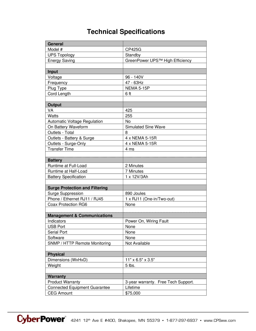 CyberPower Systems 649532425006, CP425G warranty Technical Specifications 