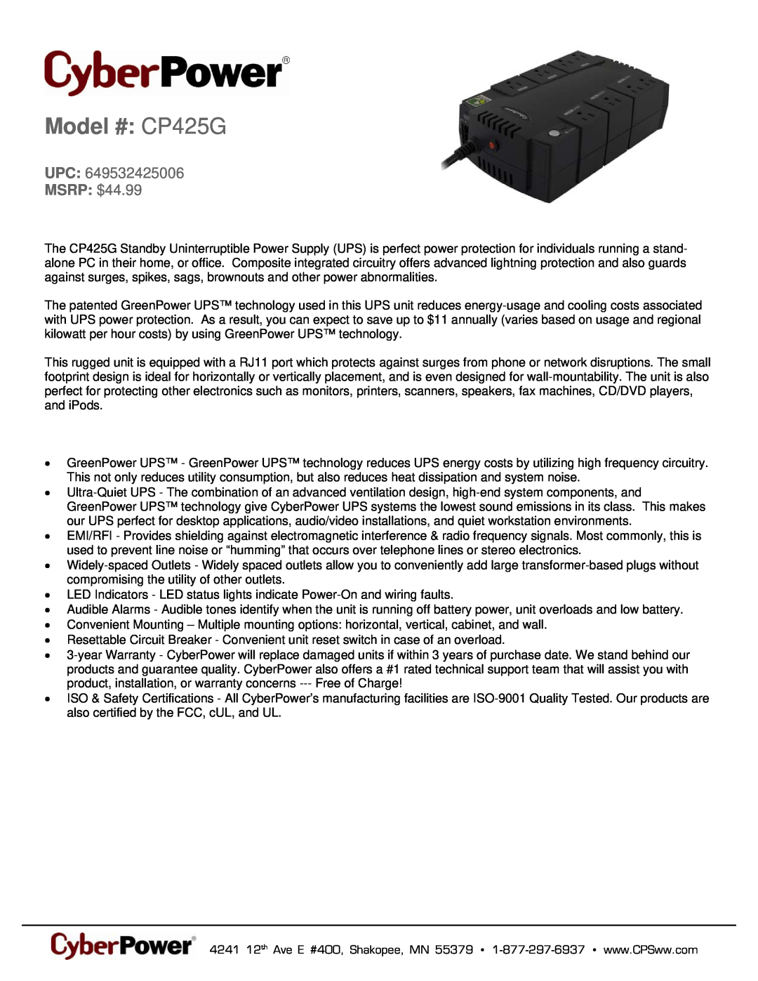 CyberPower Systems 649532425006 warranty Model # CP425G, MSRP $44.99 