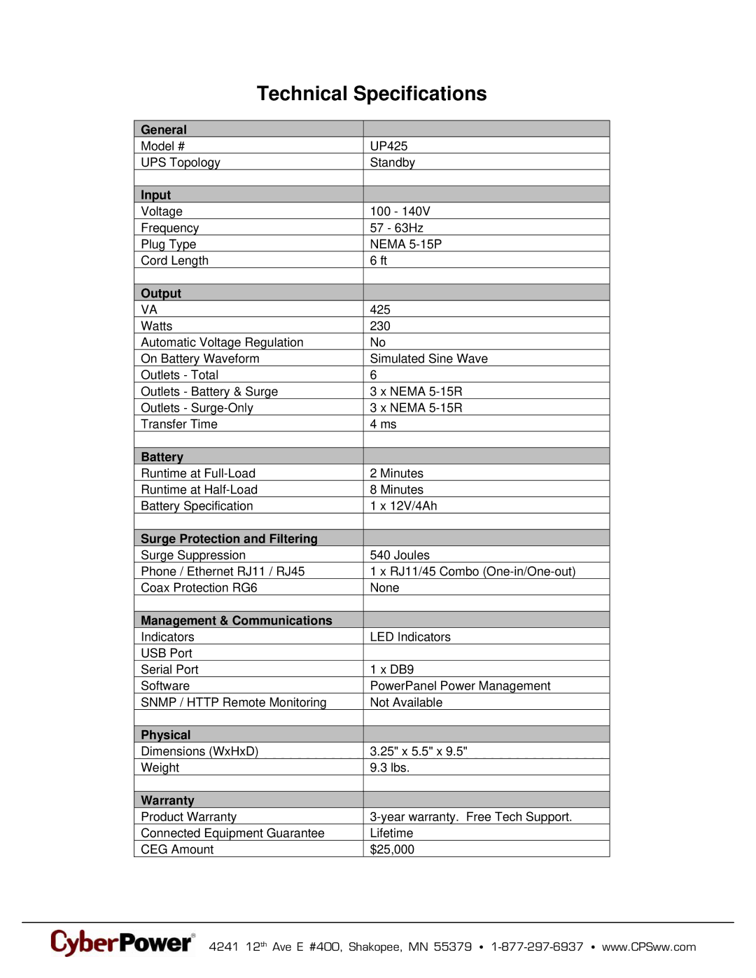 CyberPower Systems 649532604258 warranty Technical Specifications 