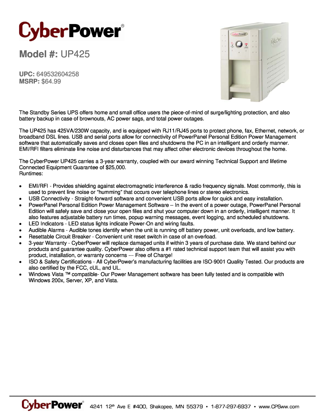CyberPower Systems 649532604258 warranty Model # UP425, MSRP $64.99 