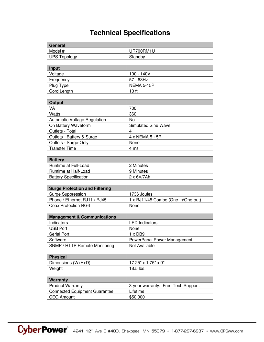 CyberPower Systems 649532607006, UR700RM1U warranty Technical Specifications 