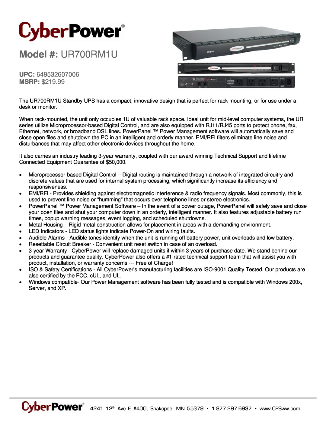 CyberPower Systems 649532607006 warranty Model # UR700RM1U, UPC MSRP $219.99 