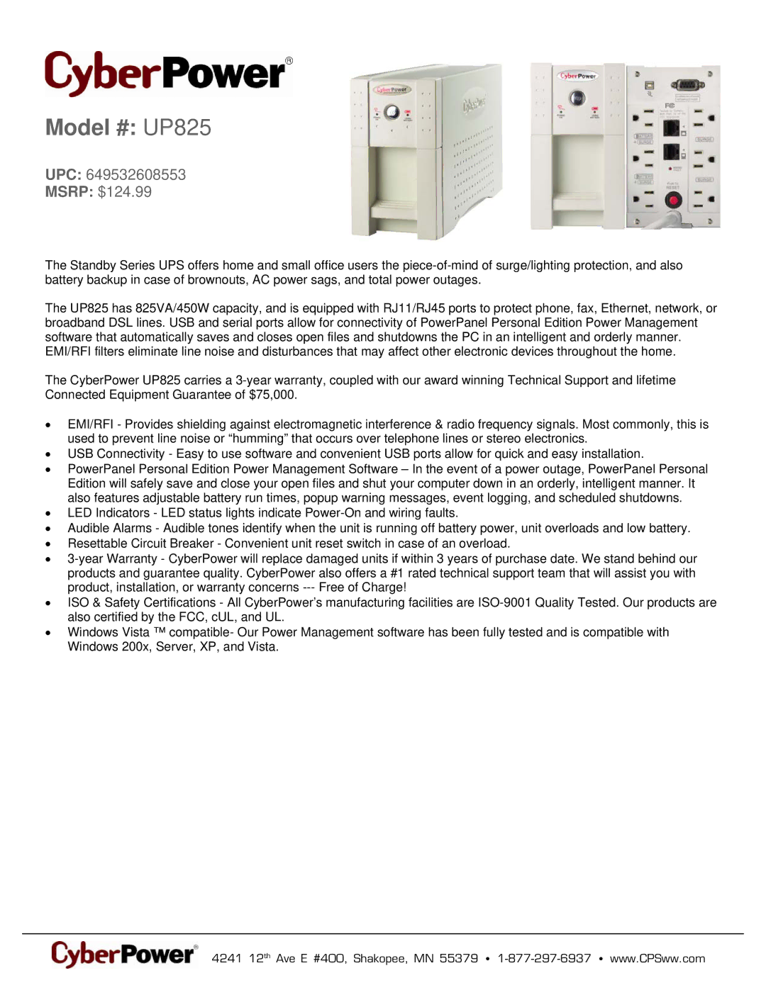 CyberPower Systems 649532608553 warranty Model # UP825, UPC Msrp $124.99 