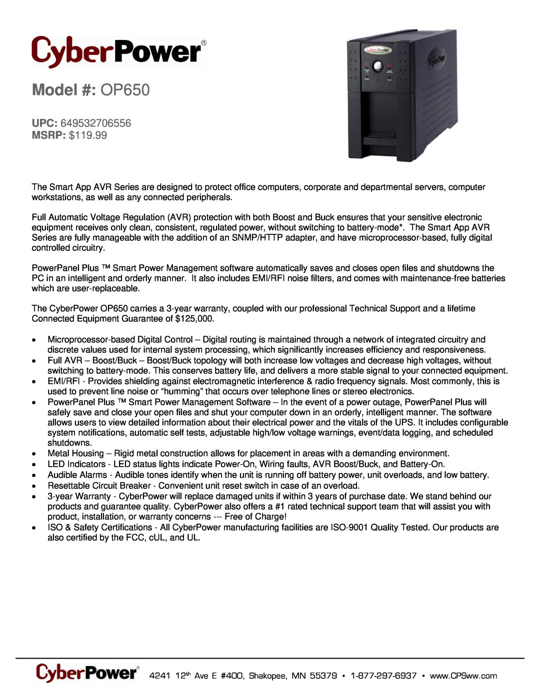 CyberPower Systems 649532706556 warranty Model # OP650, UPC MSRP $119.99 