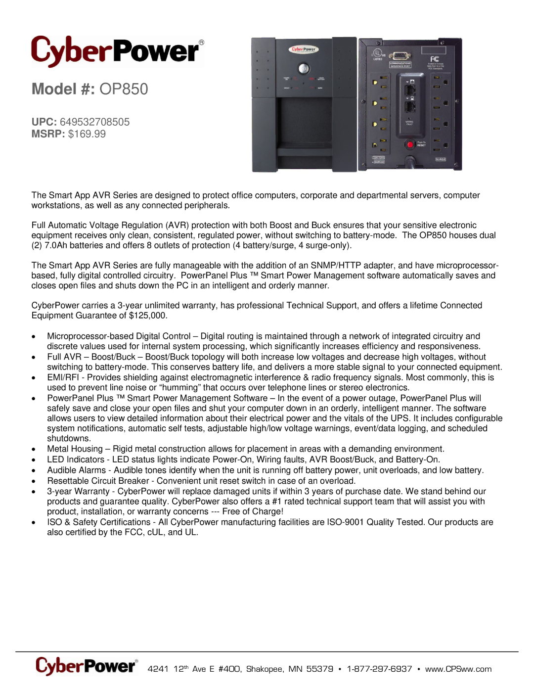 CyberPower Systems 649532708505 warranty Model # OP850, UPC Msrp $169.99 