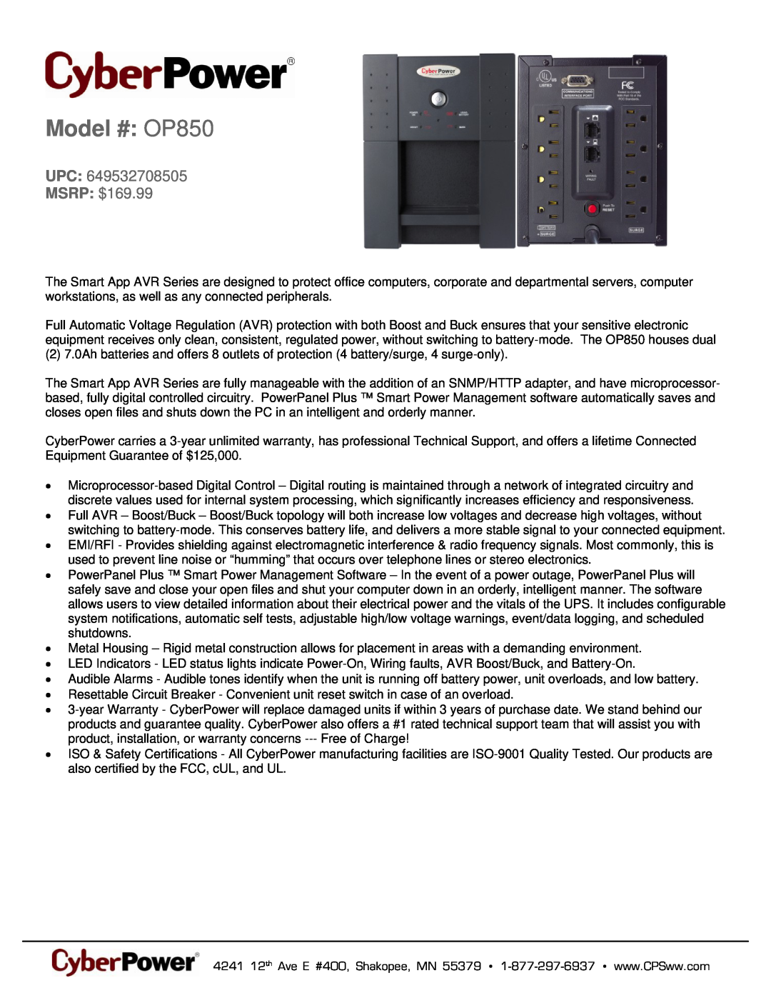 CyberPower Systems 649532708505 warranty Model # OP850, UPC MSRP $169.99 