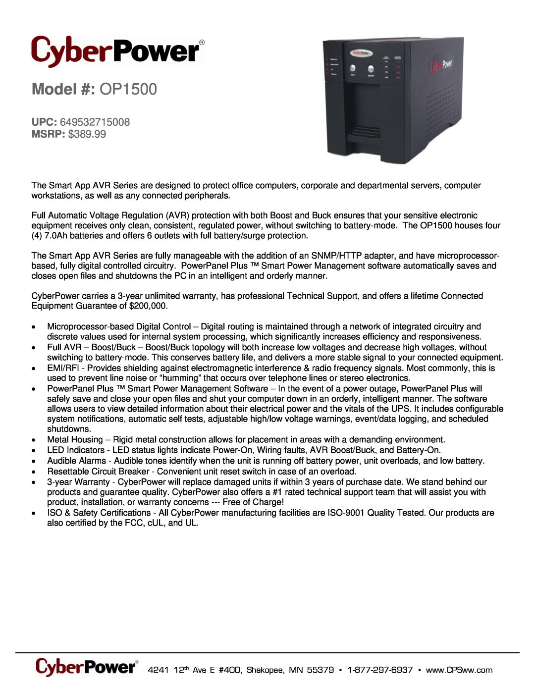CyberPower Systems 649532715008 warranty Model # OP1500, UPC MSRP $389.99 