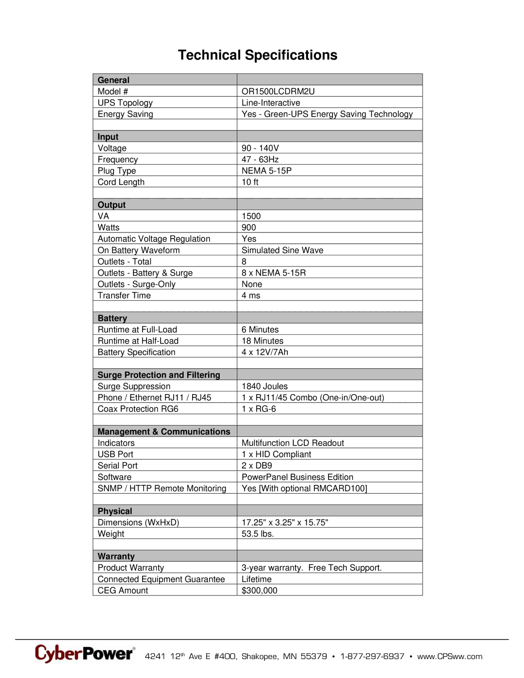 CyberPower Systems 649532715039, OR1500LCDRM2U warranty Technical Specifications 