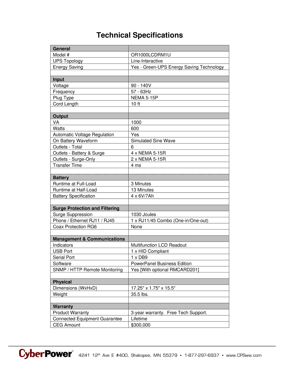 CyberPower Systems 649532715053, OR1000LCDRM1U warranty Technical Specifications 