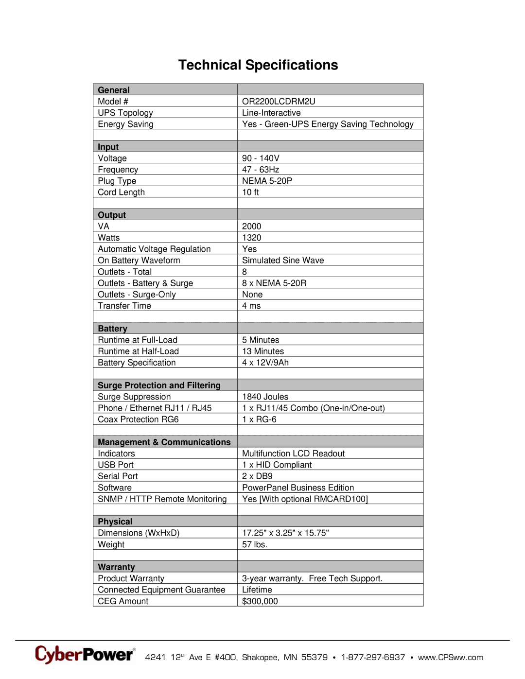 CyberPower Systems 649532722037, OR2200LCDRM2U warranty Technical Specifications 