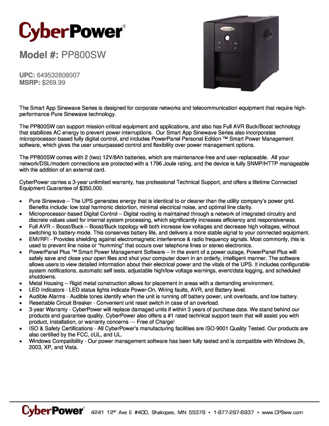 CyberPower Systems 649532808007 warranty Model # PP800SW, UPC MSRP $269.99 