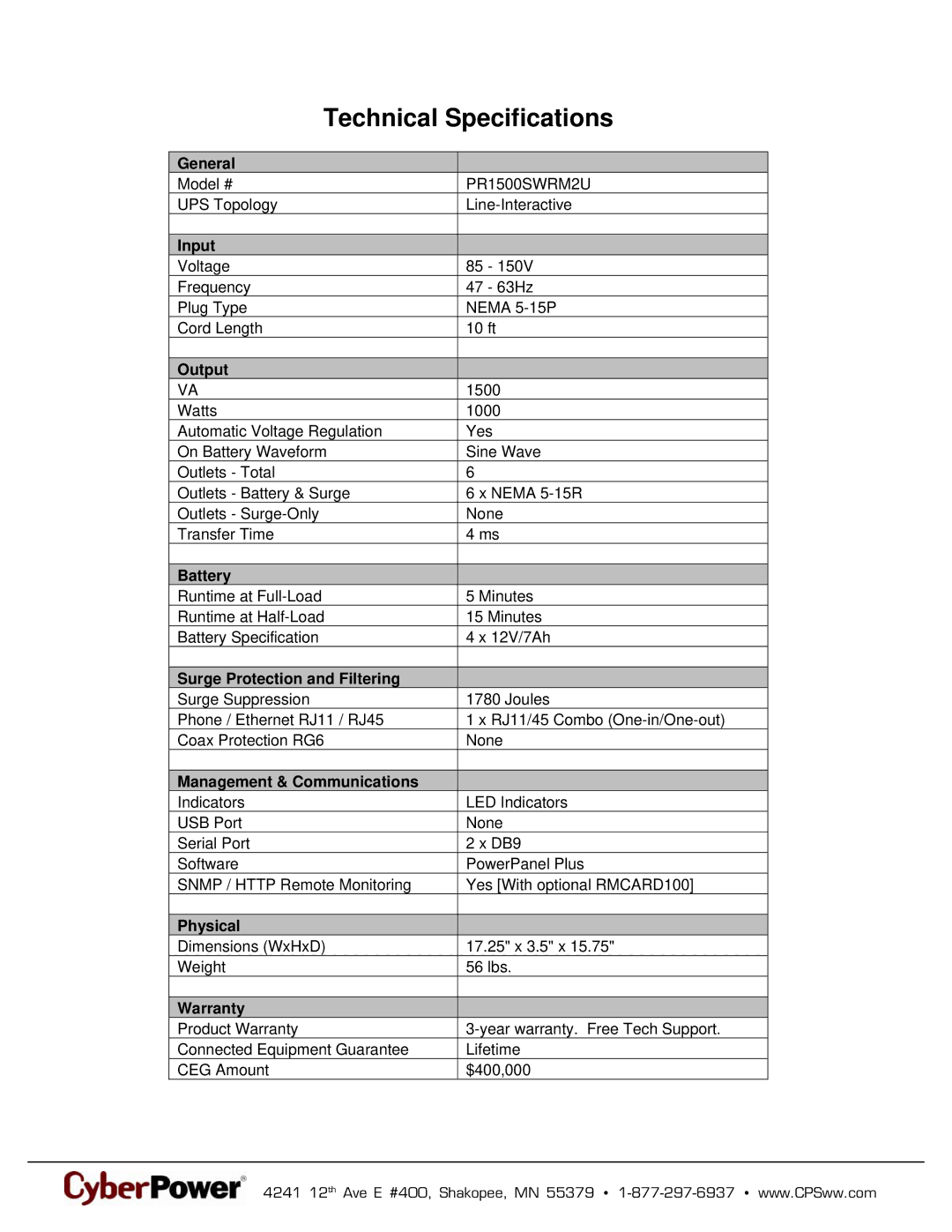 CyberPower Systems 649532815029, PR1500SWRM2U warranty Technical Specifications 