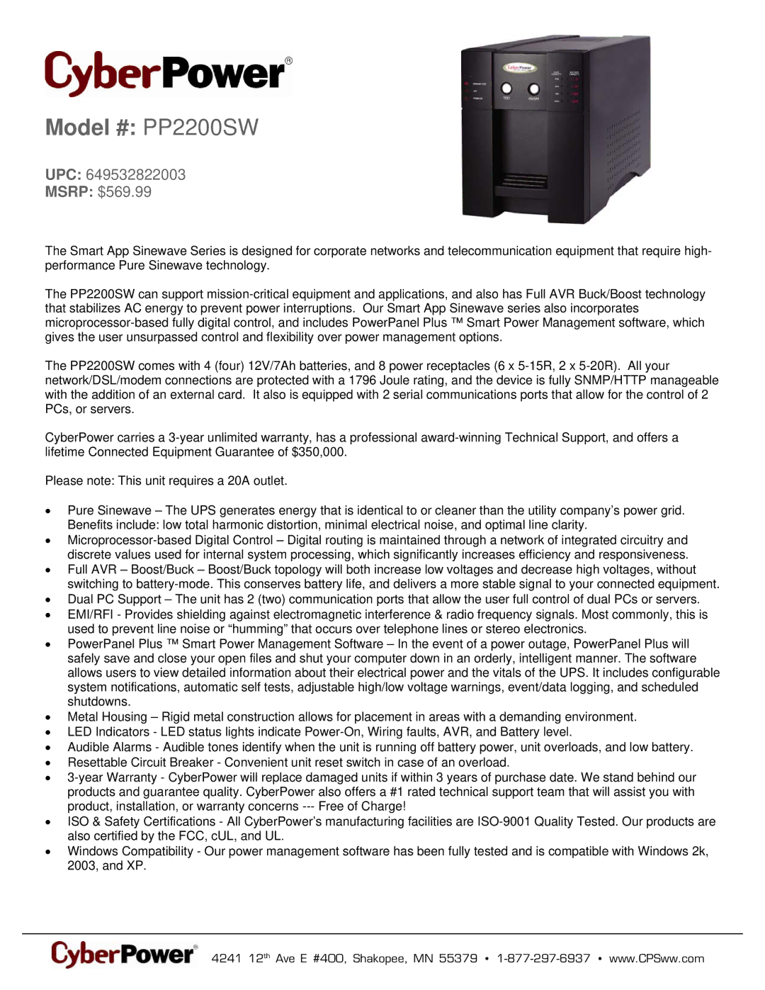 CyberPower Systems 649532822003 warranty Model # PP2200SW, UPC Msrp $569.99 