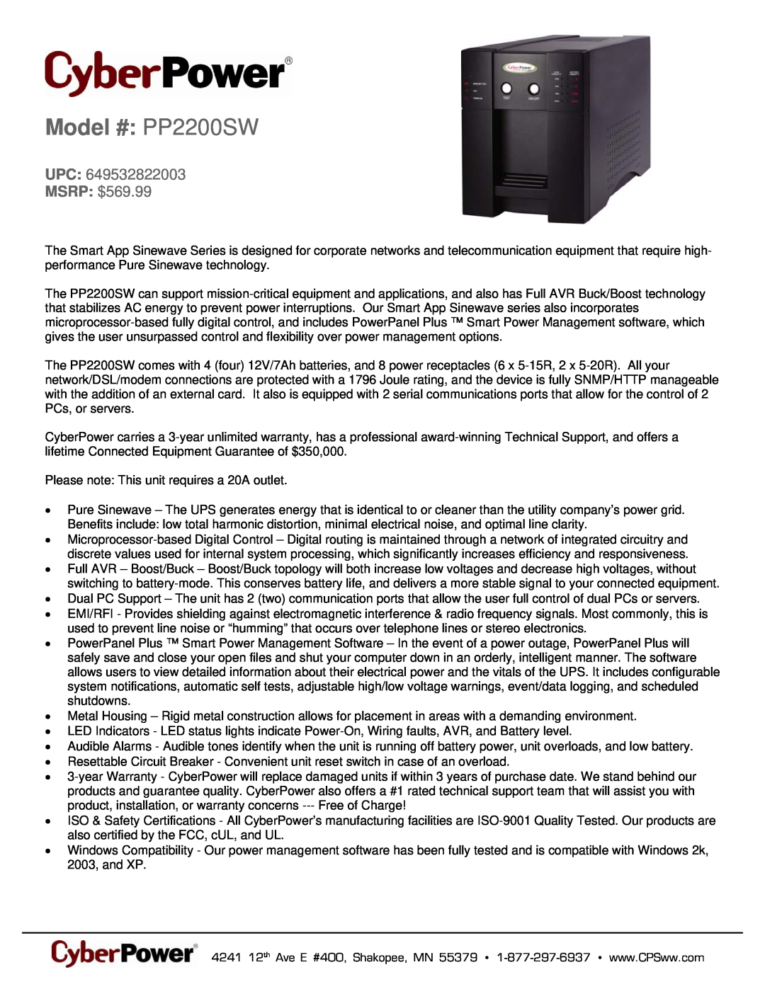 CyberPower Systems 649532822003 warranty Model # PP2200SW, UPC MSRP $569.99 