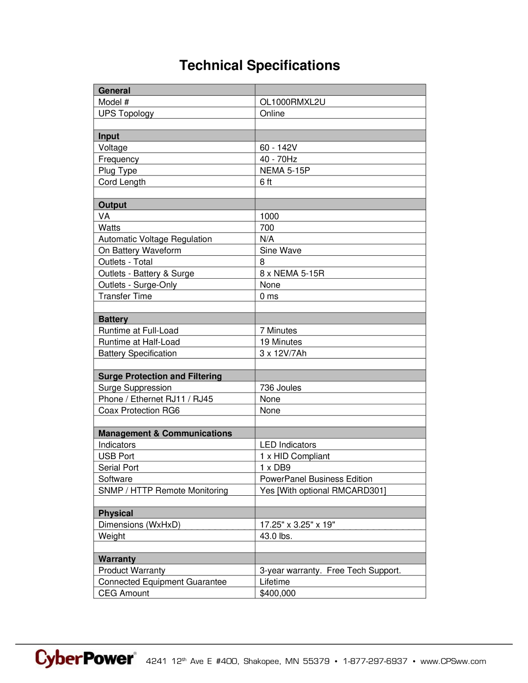 CyberPower Systems 649532832347, OL1000RMXL2U warranty Technical Specifications 