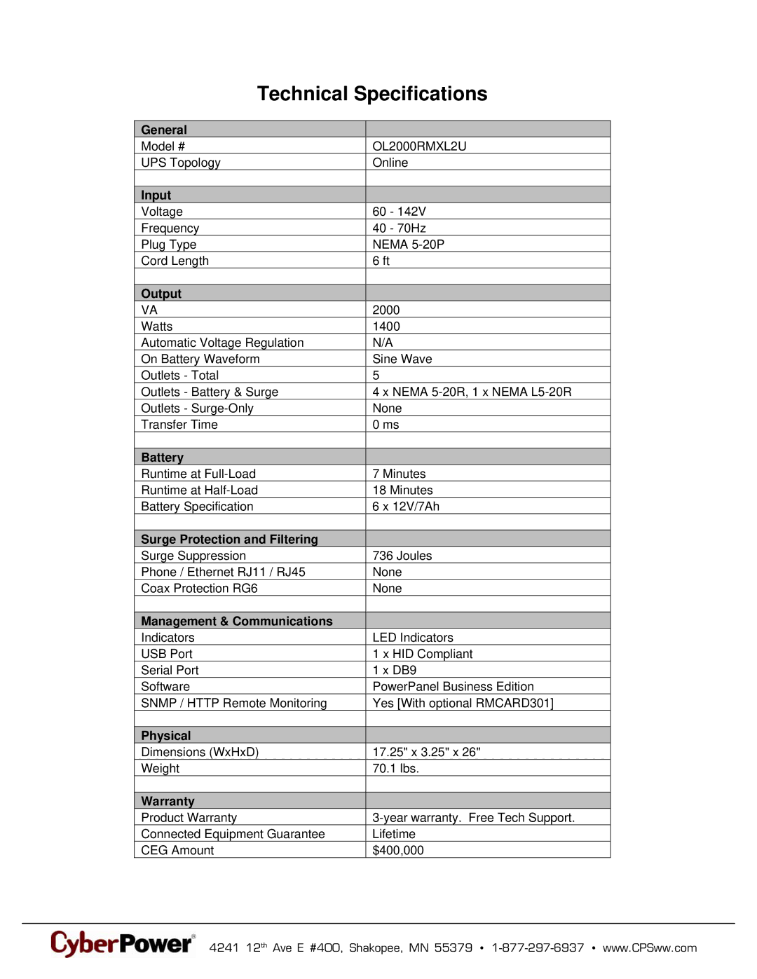 CyberPower Systems 649532832361, OL2000RMXL2U warranty Technical Specifications 