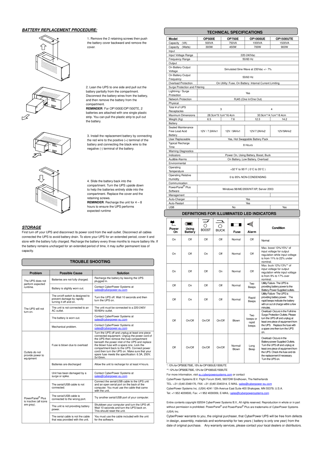 CyberPower Systems 1000, 750, 1500VA Battery Replacement Procedure, Storage, Trouble Shooting, Technical Specifications 