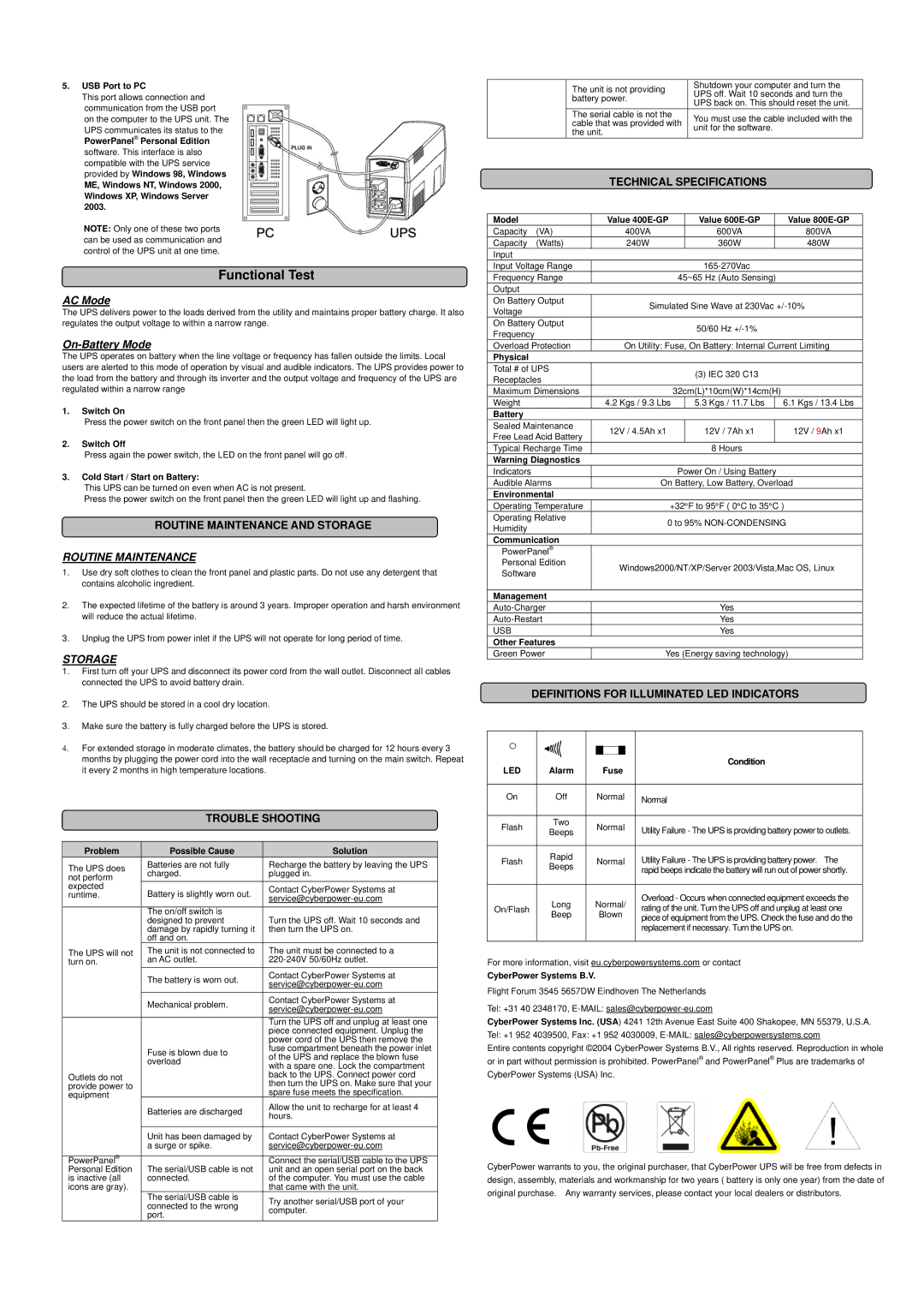 CyberPower Systems 600E-GP, 800E-GP, 400E-GP user manual Routine Maintenance, Storage 