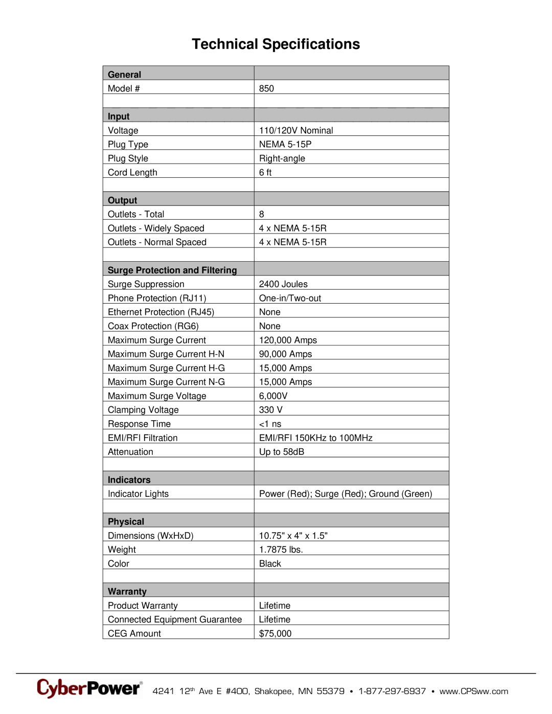 CyberPower Systems 649532008506 warranty Technical Specifications 