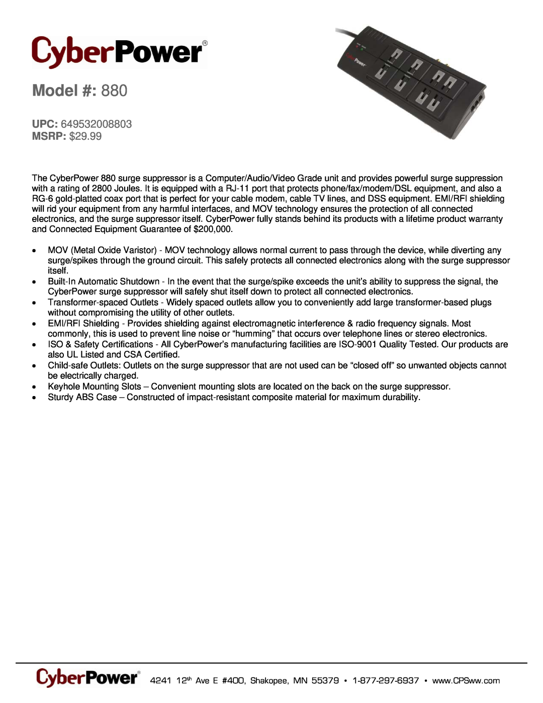CyberPower Systems 649532008803 warranty Model #, MSRP $29.99 