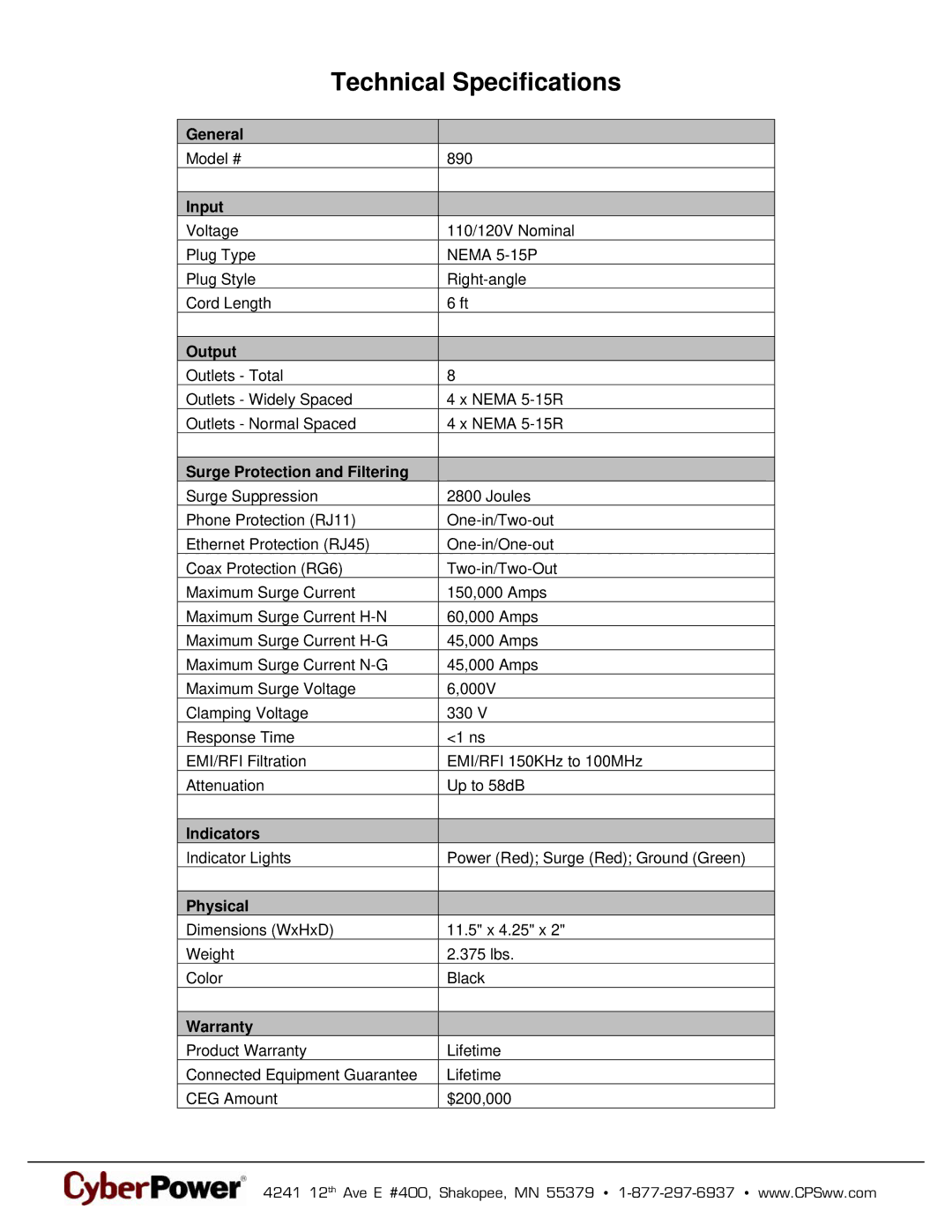 CyberPower Systems 949532008902 warranty Technical Specifications 