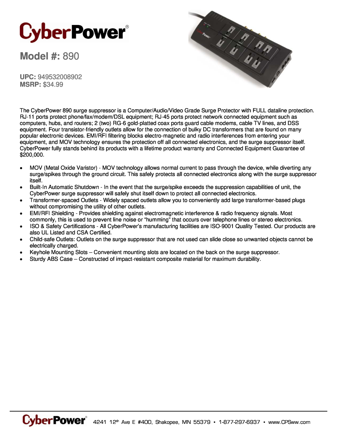 CyberPower Systems 949532008902 warranty Model #, MSRP $34.99 