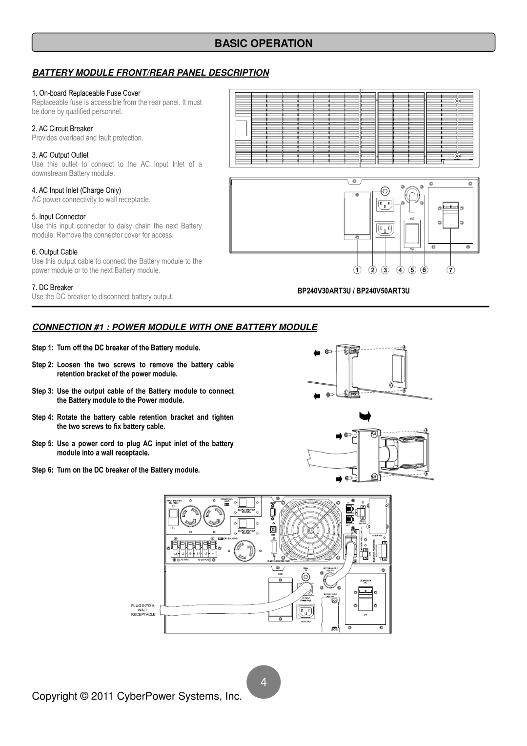 CyberPower Systems BP240V30ART3U user manual Basic Operation, Battery Module FRONT/REAR Panel Description 