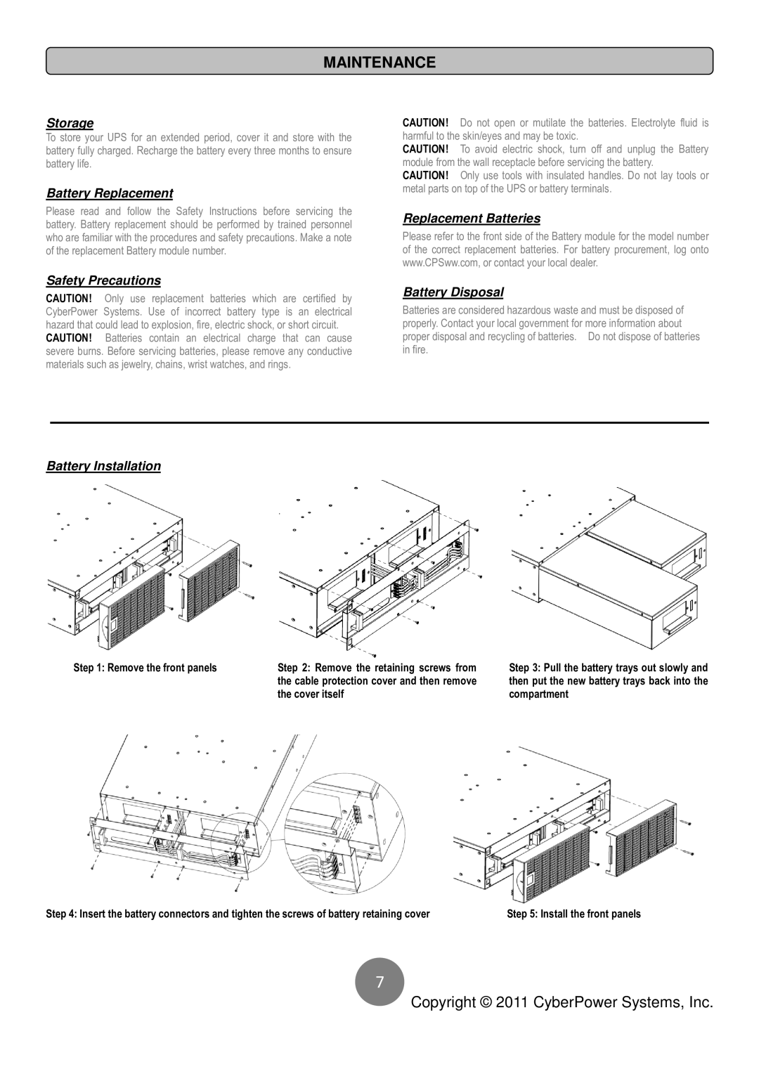 CyberPower Systems BP240V30ART3U user manual Maintenance, Remove the front panels, Cover itself 