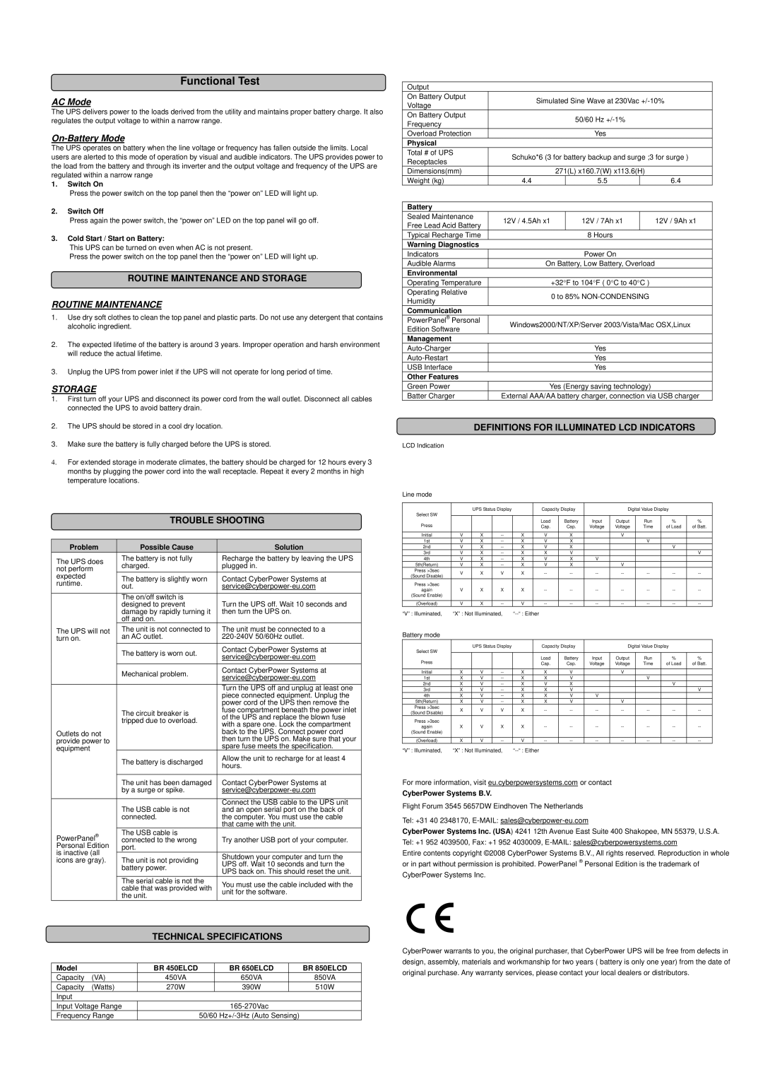 CyberPower Systems BR650ELCD, BR450ELCD, BR850ELCD user manual Routine Maintenance, Storage 