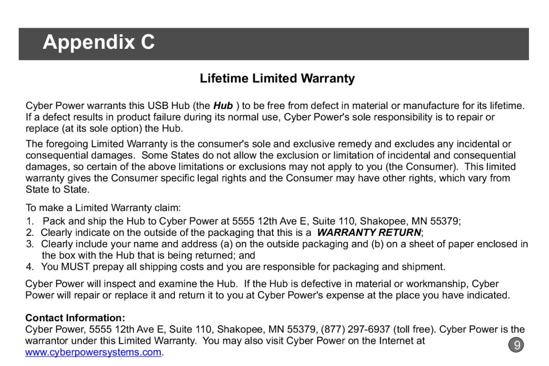 CyberPower Systems CP-H411 quick start Appendix C, Lifetime Limited Warranty 