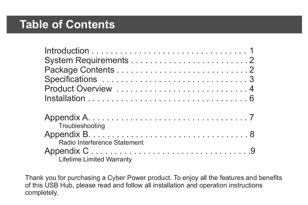 CyberPower Systems CP-H411 quick start Table of Contents 