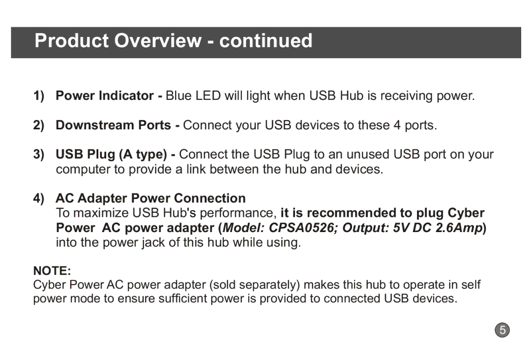 CyberPower Systems CP-H411 quick start AC Adapter Power Connection 