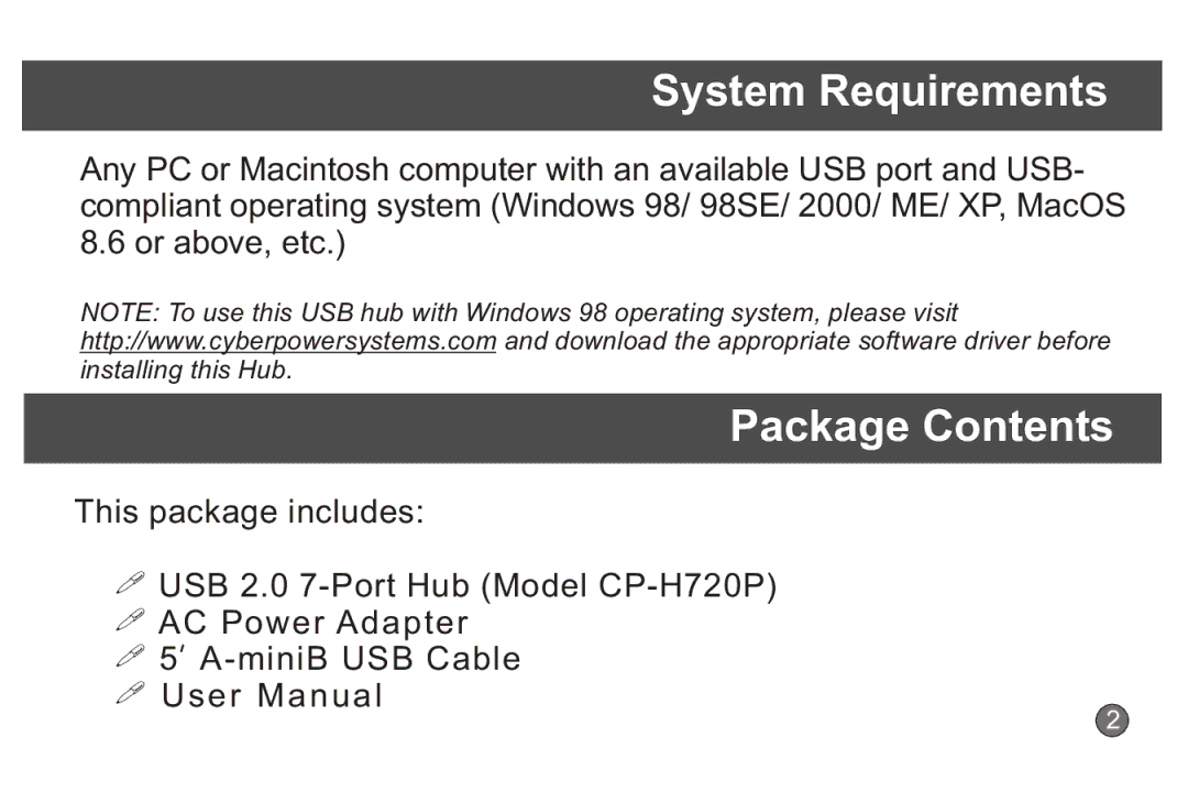 CyberPower Systems CP-H720P quick start System Requirements, Package Contents 