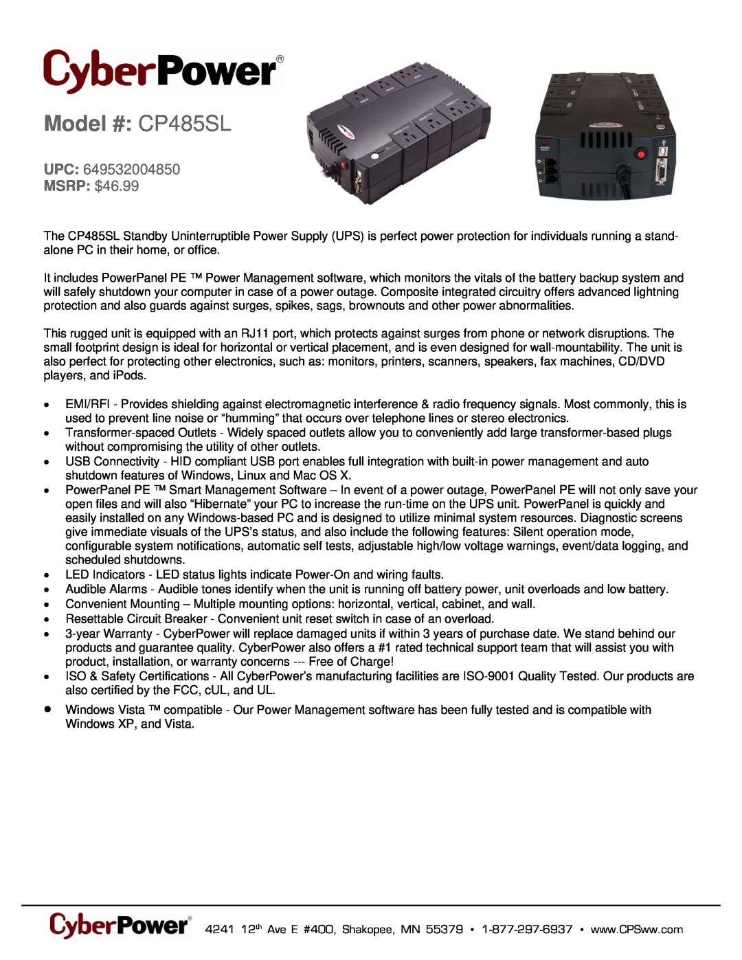 CyberPower Systems 649532004850 warranty Model # CP485SL, MSRP $46.99 