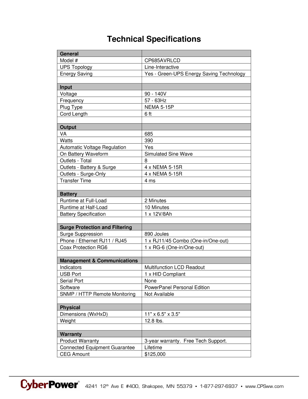 CyberPower Systems CP685AVRLCD, 649532006878 warranty Technical Specifications 