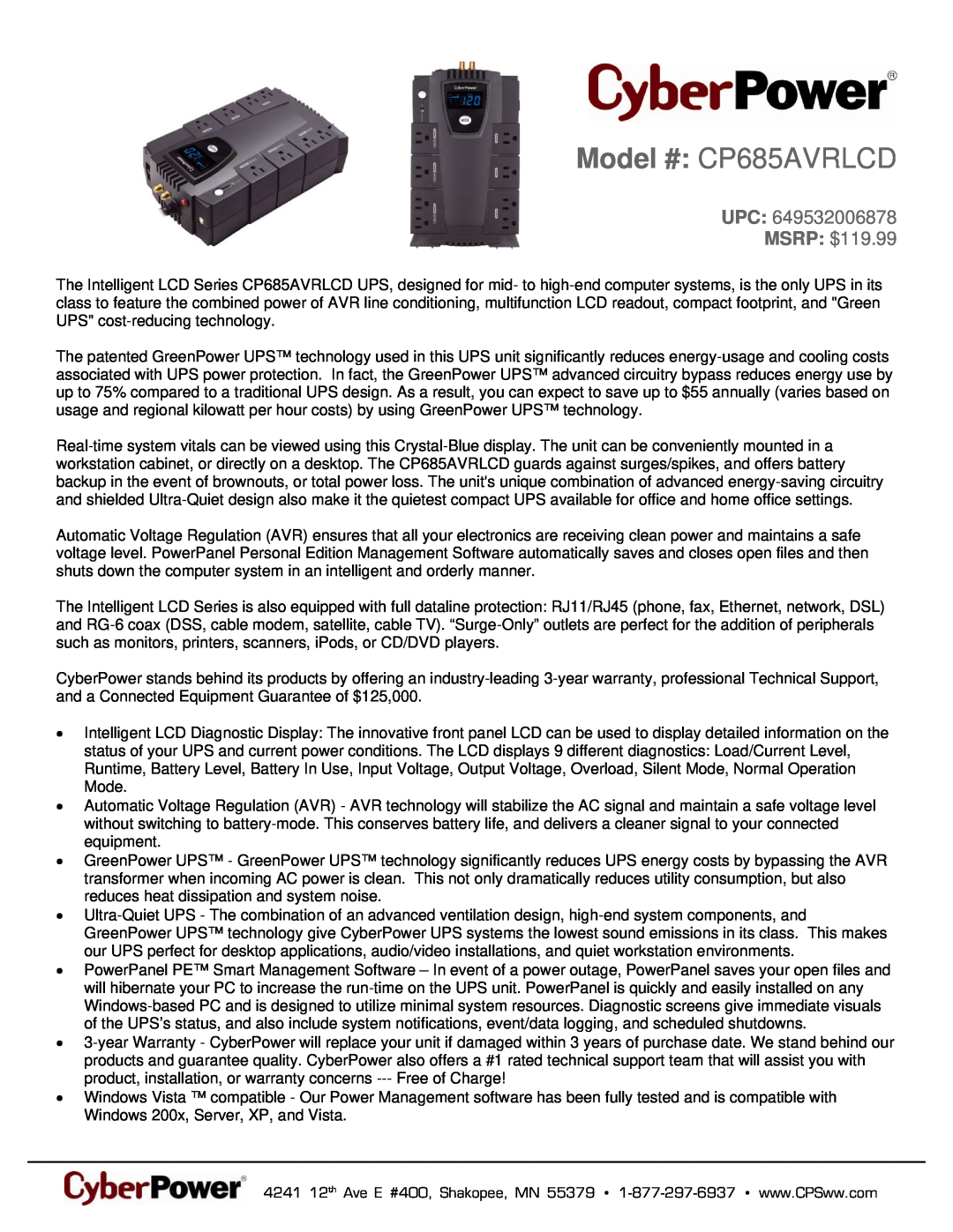 CyberPower Systems 649532006878 warranty Model # CP685AVRLCD, UPC MSRP $119.99 