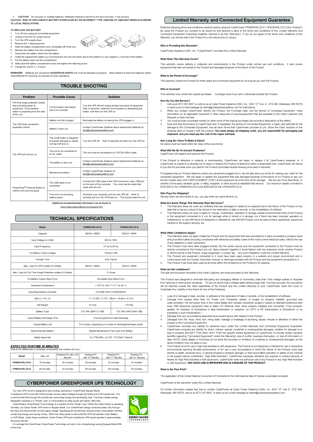 CyberPower Systems CP825AVRLCD-G Trouble Shooting, Technical Specifications, Cyberpower Greenpower UPS Technology 