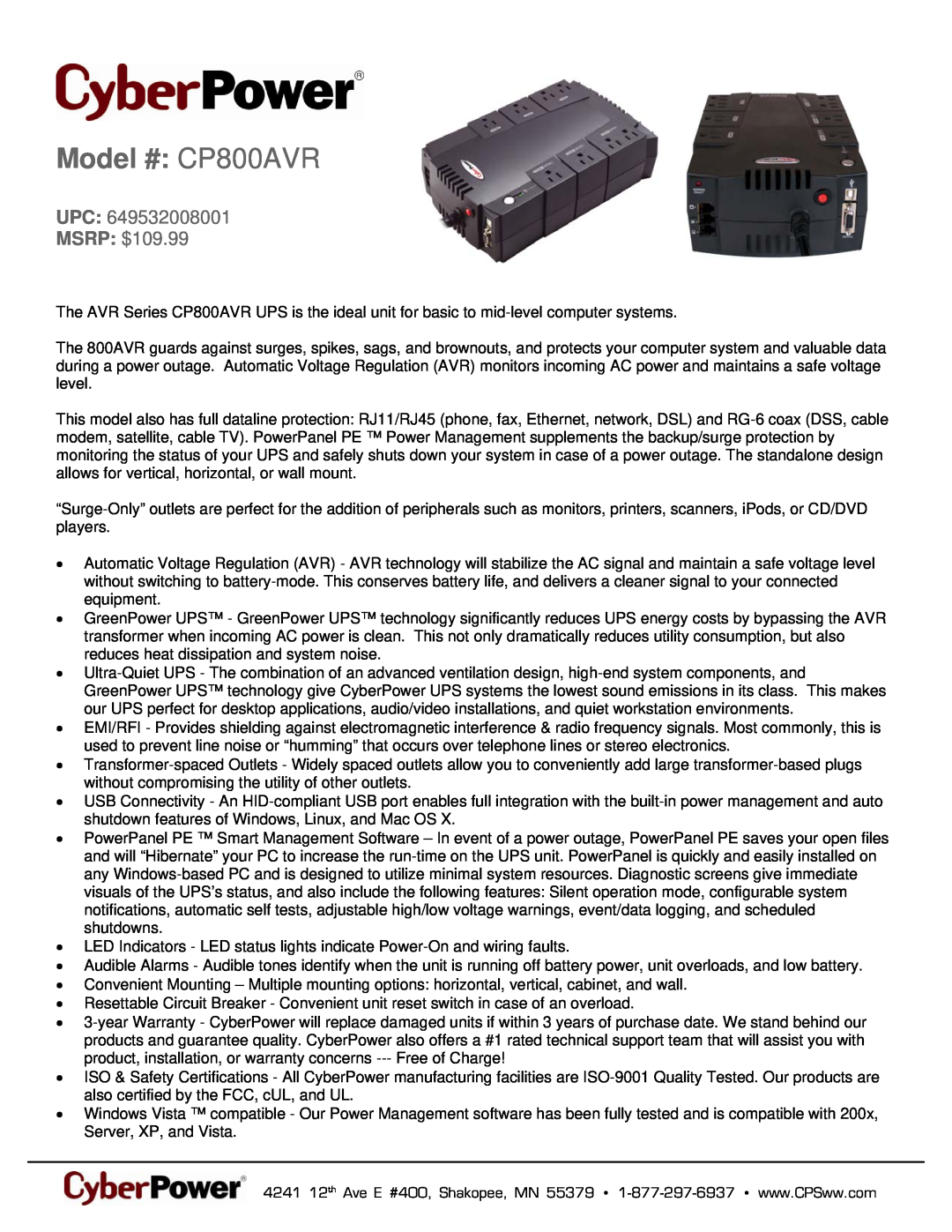 CyberPower Systems 649532008001 warranty Model # CP800AVR, UPC MSRP $109.99 