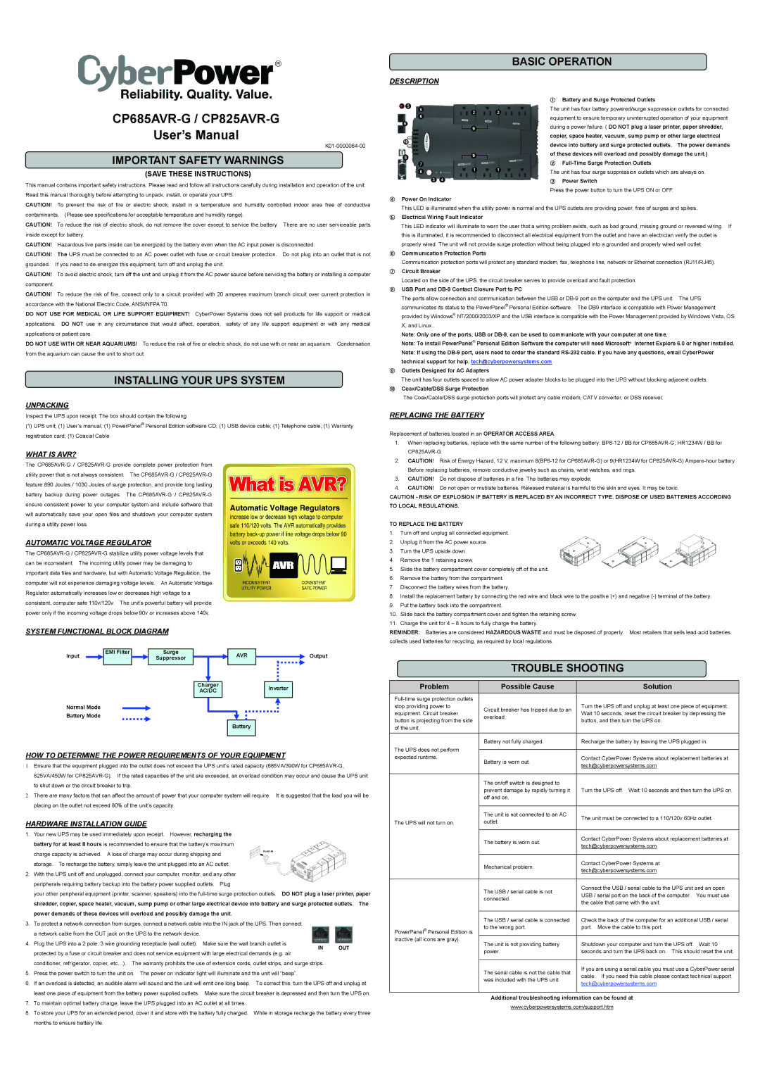 CyberPower Systems CP685AVR-G user manual Important Safety Warnings, Installing Your UPS System, Basic Operation 