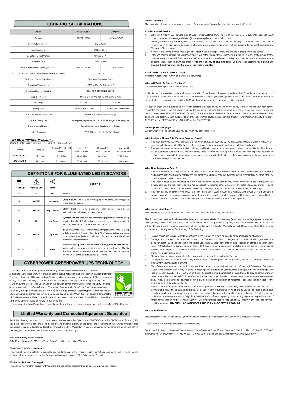 CyberPower Systems CP825AVR-G, CP685AVR-G user manual Technical Specifications, Definitions for Illuminated LED Indicators 