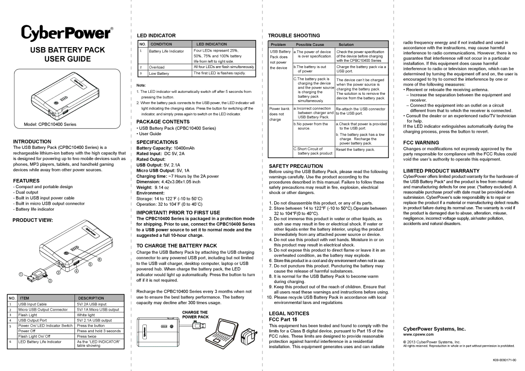 CyberPower Systems CPBC10400 specifications Introduction, Features, Product View, LED Indicator, Package Contents 