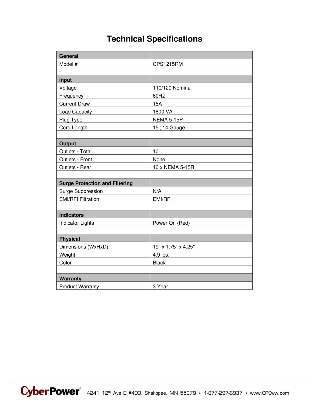 CyberPower Systems CPS1215RM, 649532893508 manual Technical Specifications 