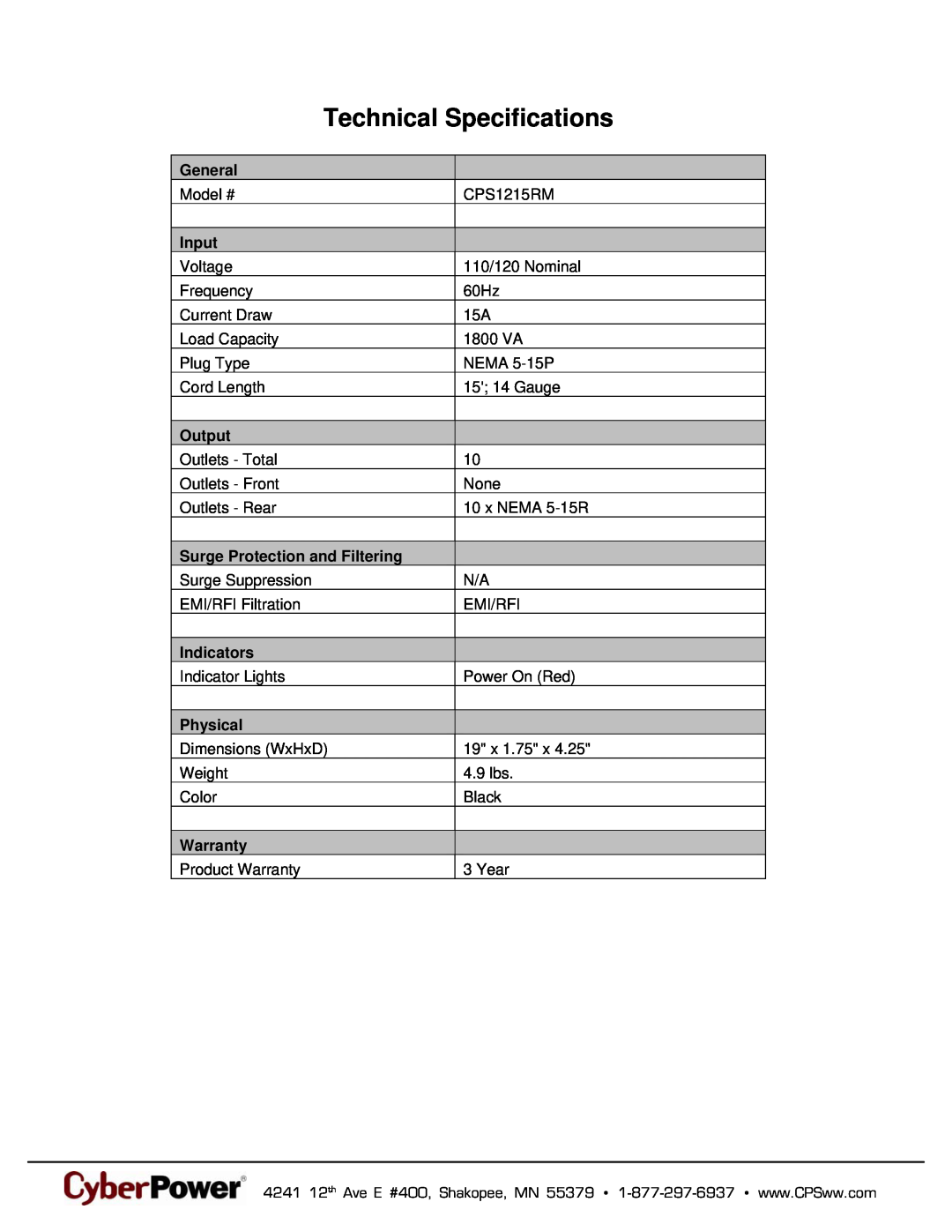 CyberPower Systems CPS1215RM Technical Specifications, General, Input, Output, Surge Protection and Filtering, Indicators 