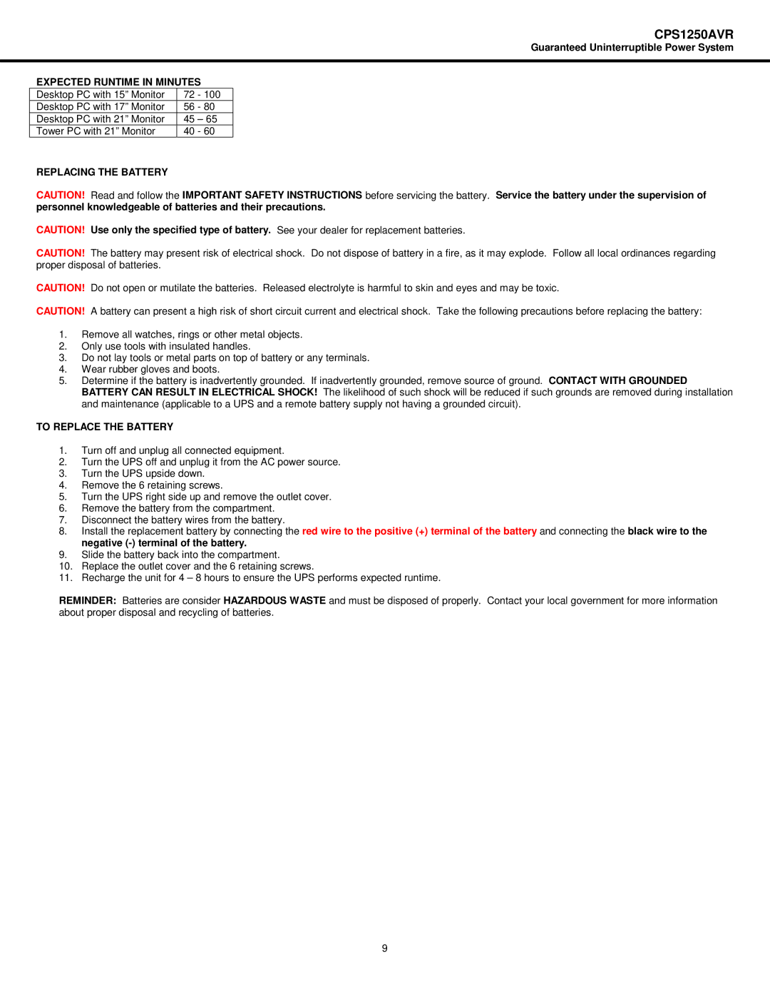 CyberPower Systems CPS1250AVR user manual Expected Runtime in Minutes, Replacing the Battery, To Replace the Battery 