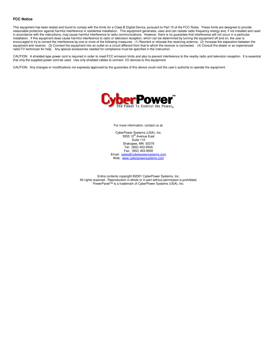 CyberPower Systems CPS1250AVR user manual FCC Notice, Email sales@cyberpowersystems.com 