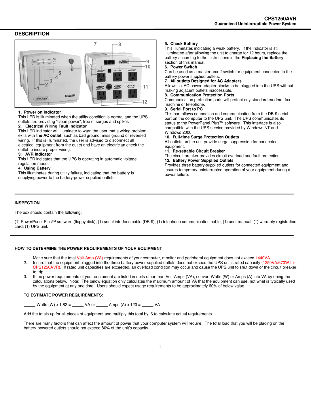 CyberPower Systems CPS1250AVR user manual Inspection, HOW to Determine the Power Requirements of Your Equipment 