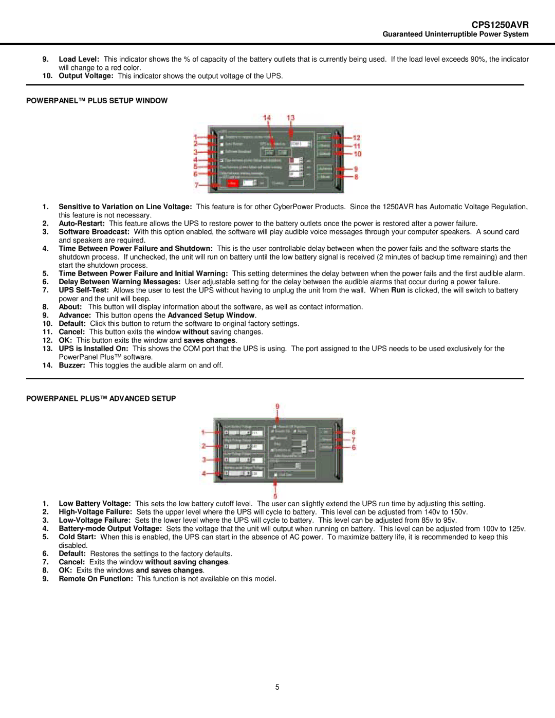 CyberPower Systems CPS1250AVR user manual Powerpanel Plus Setup Window, Advance This button opens the Advanced Setup Window 