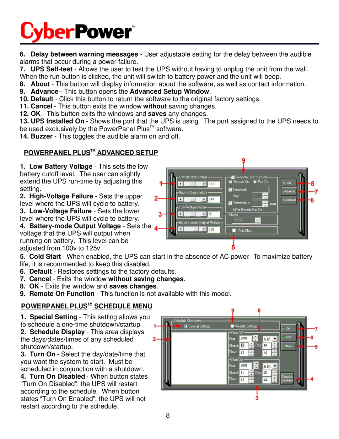 CyberPower Systems CPS1500AVR user manual Powerpanel Plustm Advanced Setup, Powerpanel Plustm Schedule Menu 