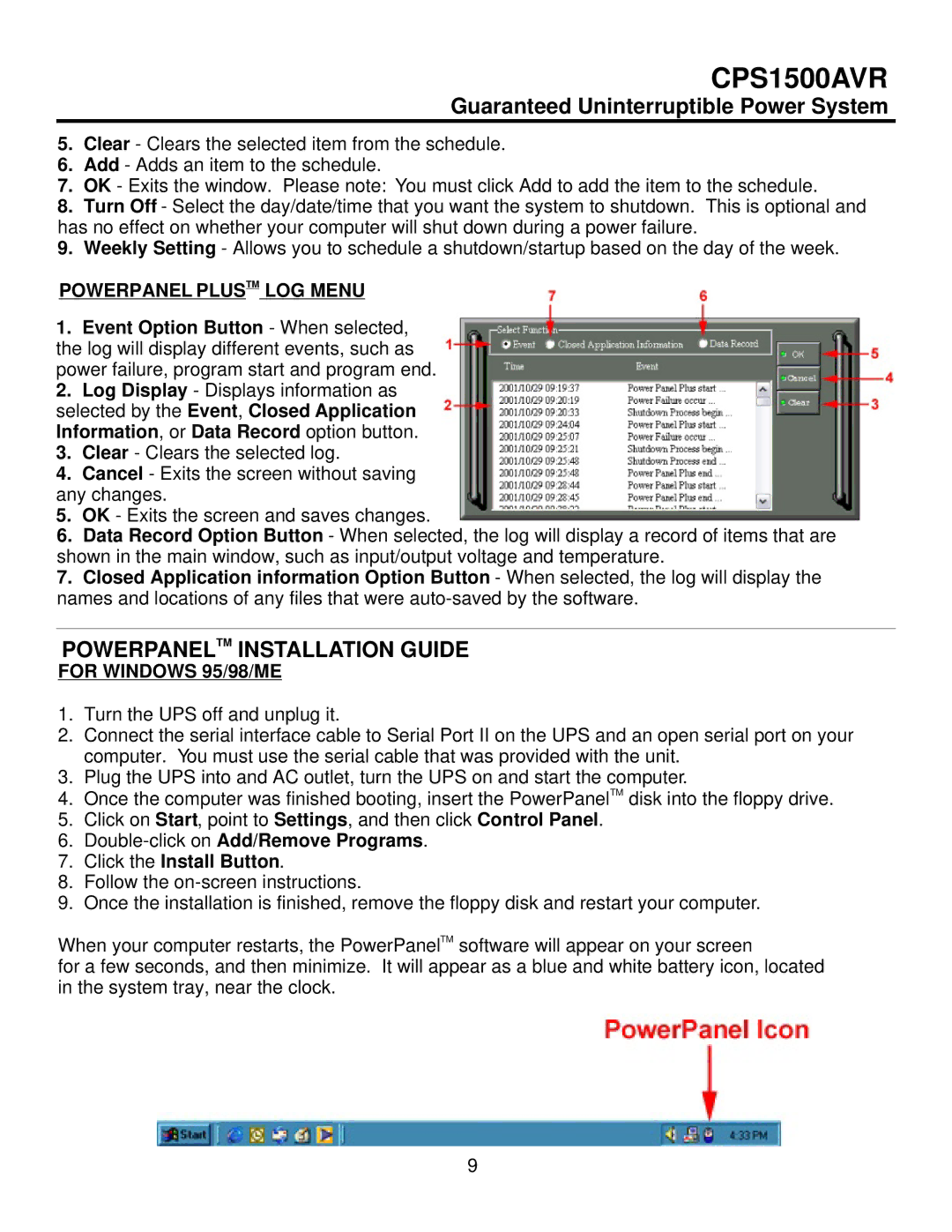 CyberPower Systems CPS1500AVR user manual Powerpaneltm Installation Guide, Powerpanel Plustm LOG Menu, For Windows 95/98/ME 