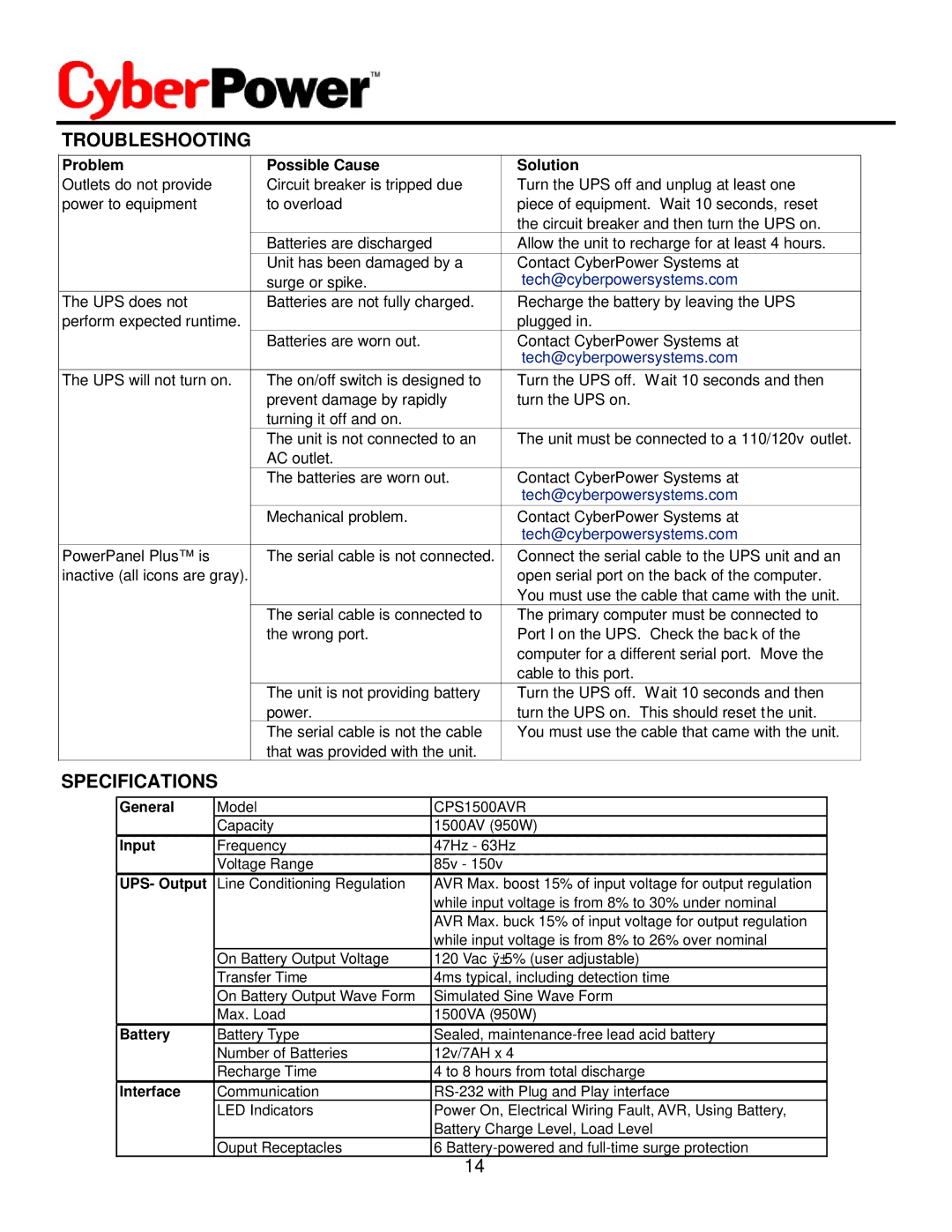 CyberPower Systems CPS1500AVR user manual Troubleshooting, Specifications 